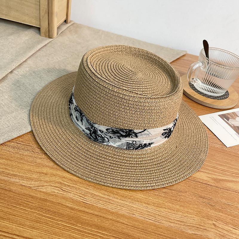 Flat Top Straw Hat Female Summer Travel Seaside Beach Hat National Tide Wind Breathable Anti-ultraviolet Sunshade Bucket Hat