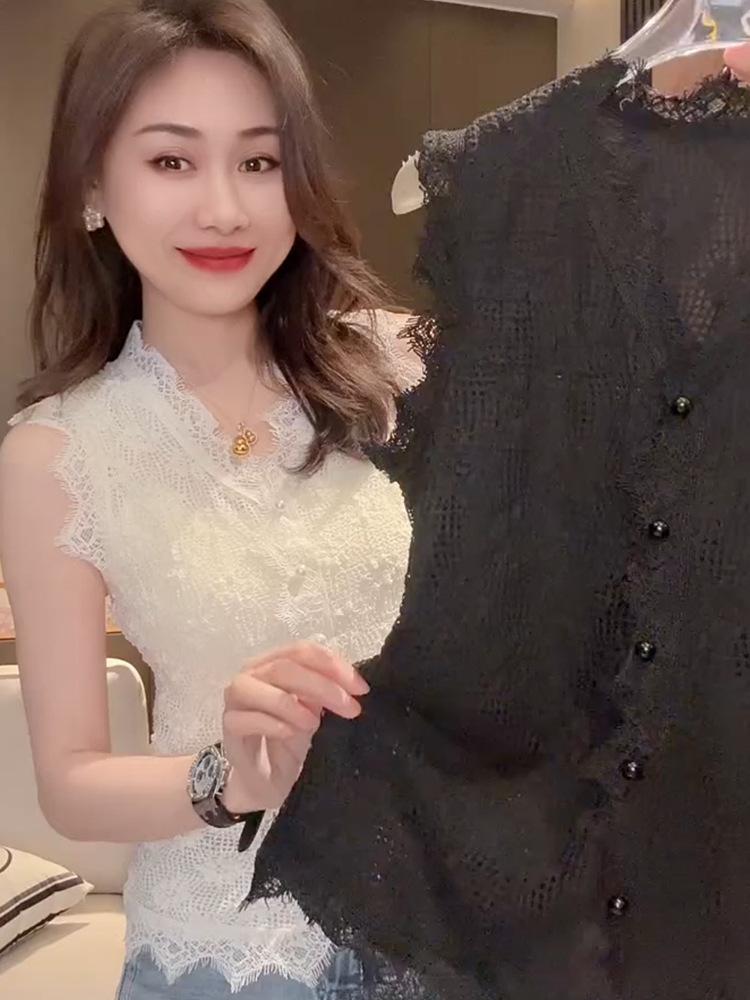 

Универсальная кружевная блузка с V-образным вырезом на весну/лето 2025 - Базовый слой высокого качества и модный топ Large чёрный