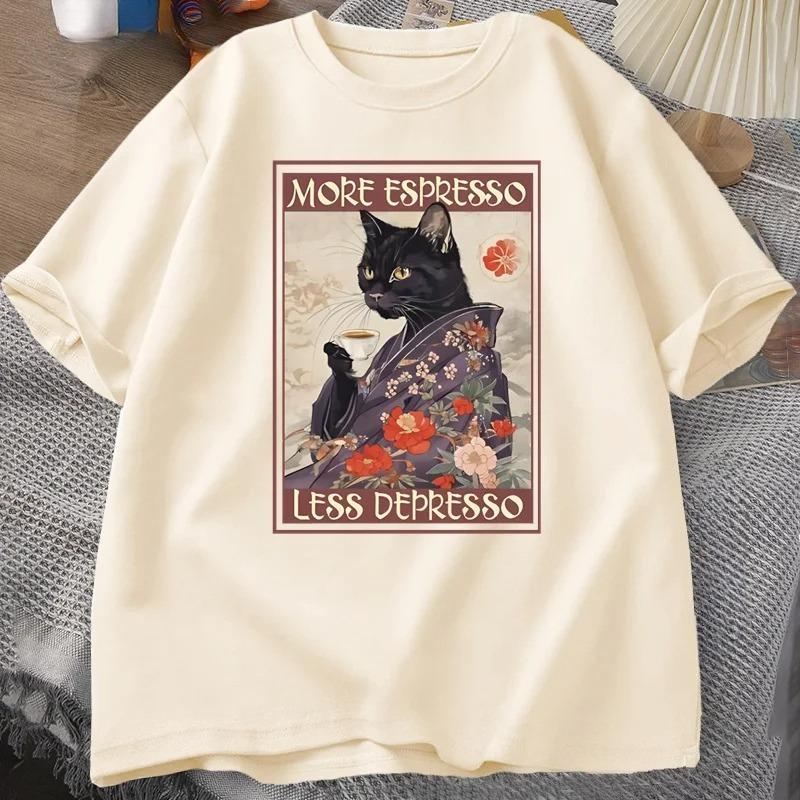 More Espresso Less Depresso Humorous T-Shirt Women Black Cat Coffee T Shirt Y2k Summer Women Short Sleeve Tee