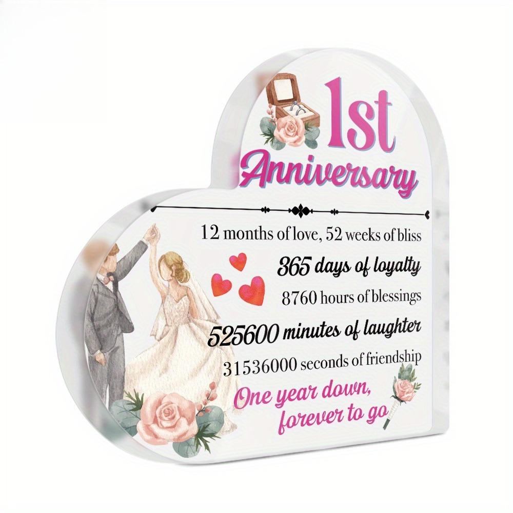 1pc Heart Shaped Acrylic Sign - 1st Anniversary Decor with '12 Months of Love, 52 Weeks of Bliss' Engraved Message, Romantic Couple & Floral Design