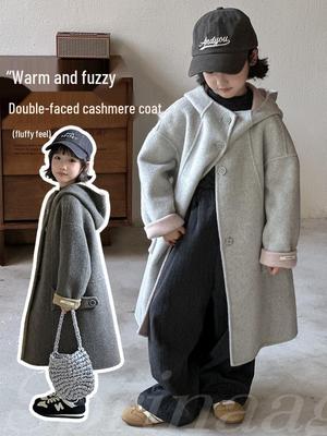 Korean-Style Kids' Reversible Cashmere Coat - Mid-Length Woolen Overcoat for Autumn/Winter