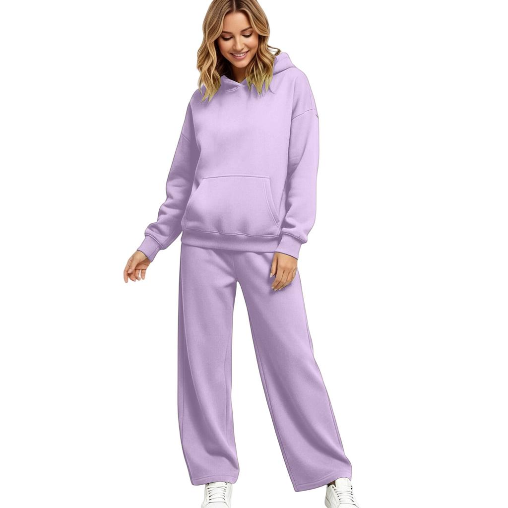 Women's Lined Drop Shoulder Top and Wide Leg Pants 2 Piece Set Color Loose Fit Casual Fall Winter Outfit