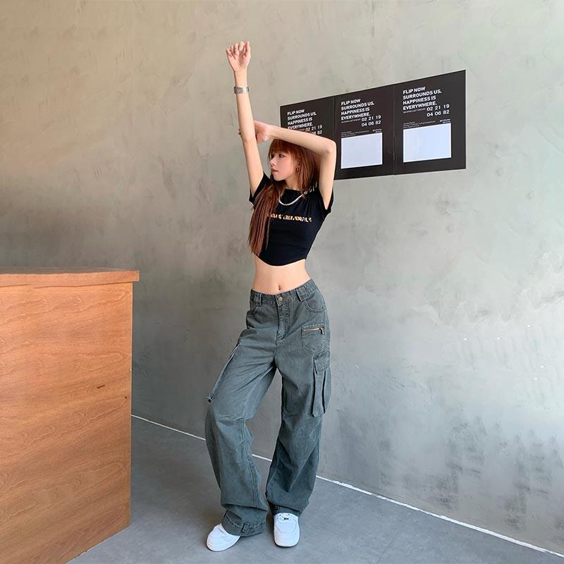 Y2K High Street Denim Cargo Pants Women Gray Big Pocket Slim Female Straight Pants High Waist Vintage Casual Lady Baggy Trousers