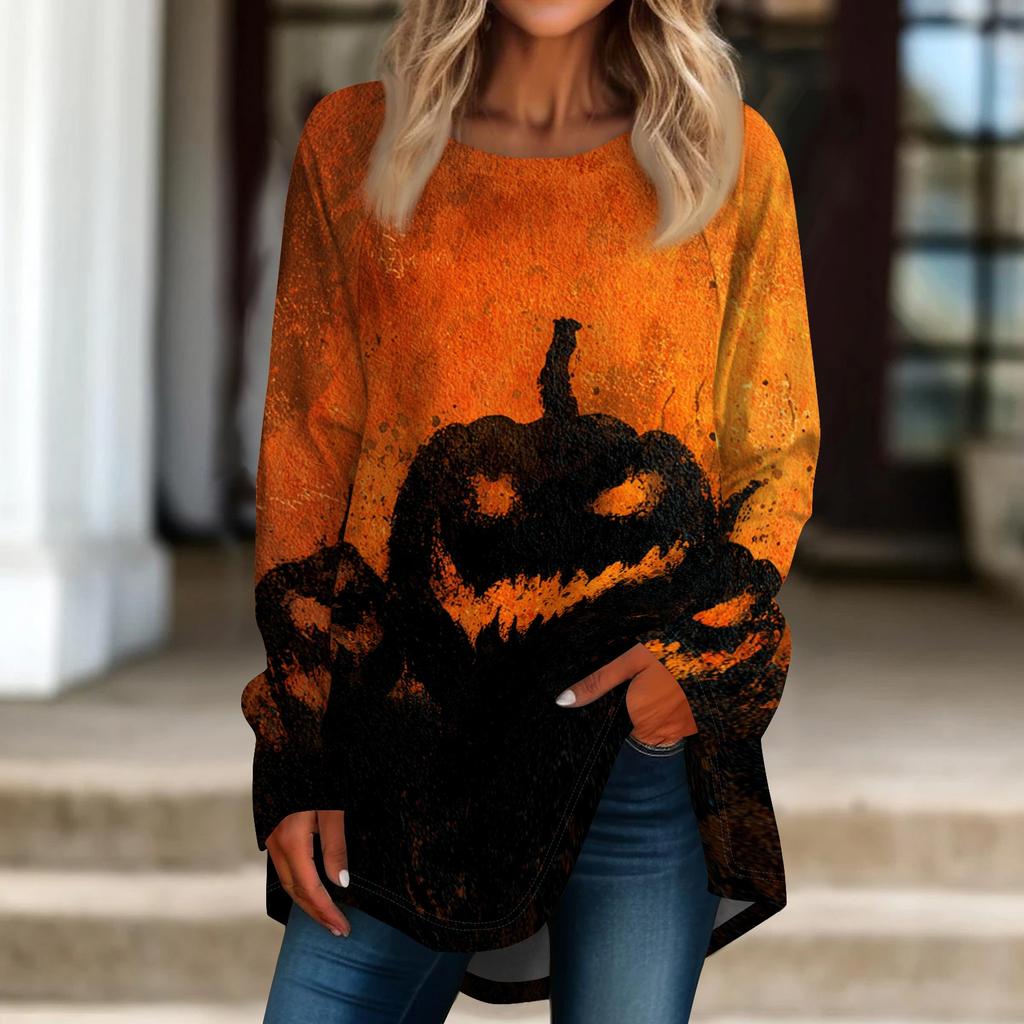Women's Halloween Graphic Print Long Sleeve T-Shirt Loose Fit Round Neck Pullover
