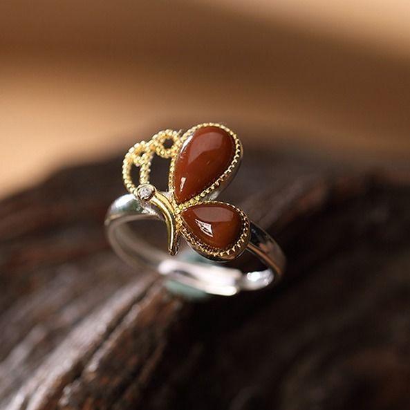 Natural imitation Hetian jade red butterfly two-tone ring, vintage court style inlaid with zircon, dragonfly wish-fulfilling ring jewelry