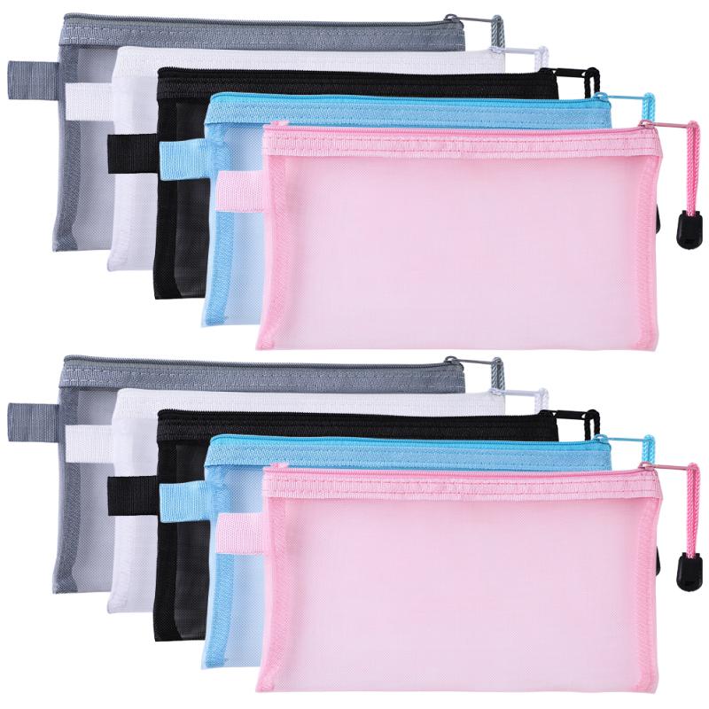 10pcs Transparent Mesh Cosmetics Makeup Bag Multifunctional Zipper File Bag Organizer (5 Colors