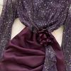 Chic French Style Evening Party Dress for Ladies V Neck Long Sleeves 3D Floral Mesh Sequins Satin Splice Senior Dresses