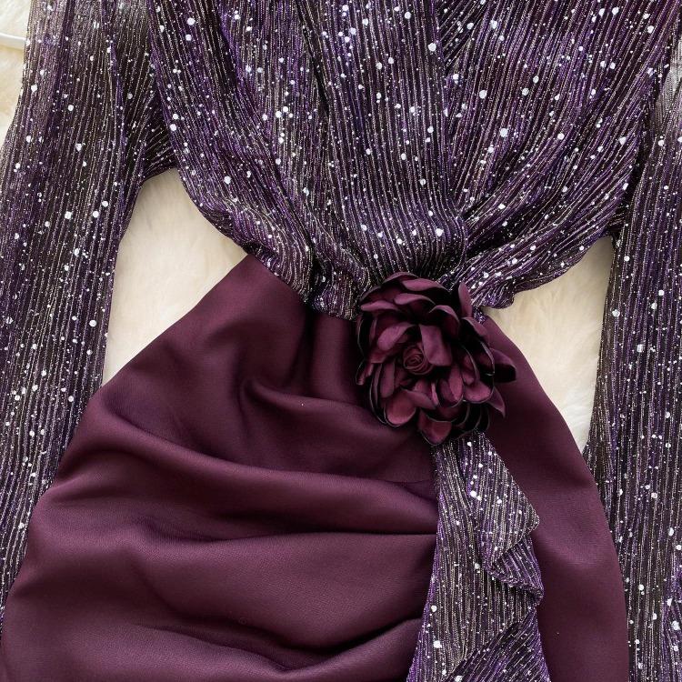 Chic French Style Evening Party Dress for Ladies V Neck Long Sleeves 3D Floral Mesh Sequins Satin Splice Senior Dresses
