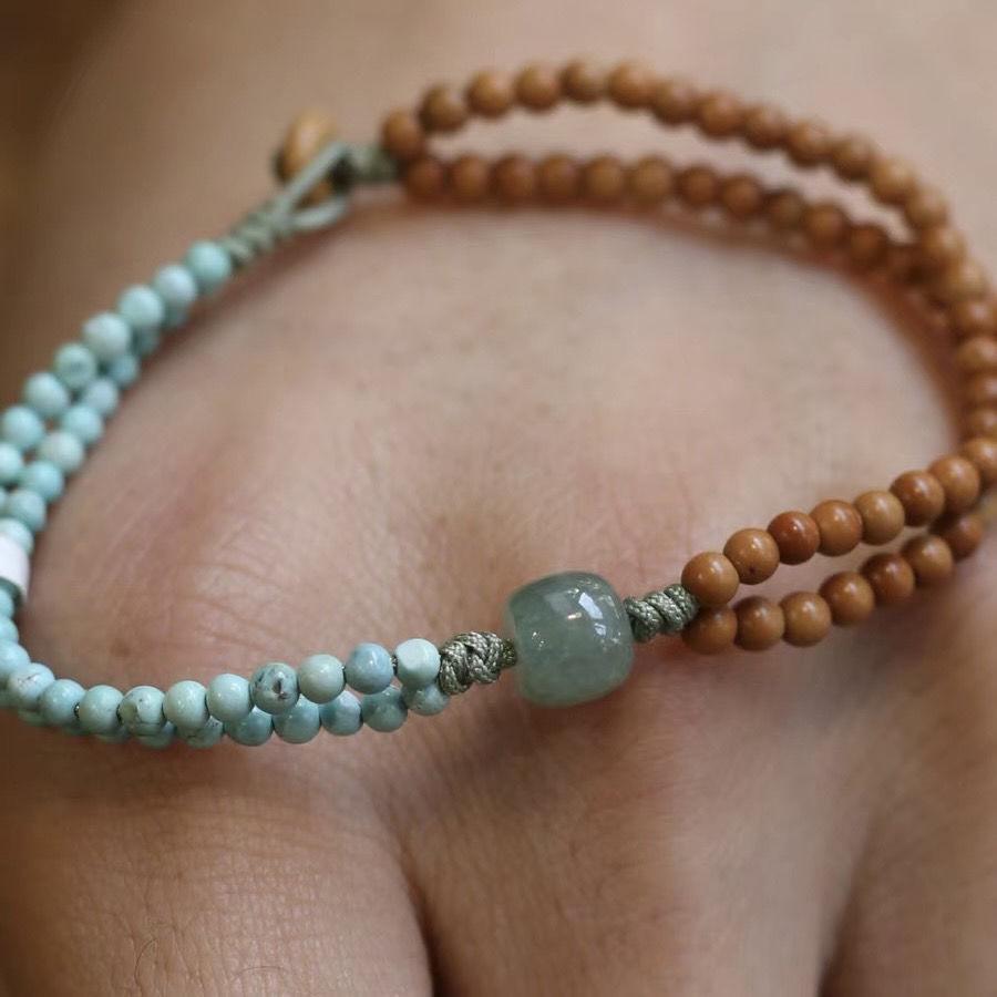 Minimalist Chinese Olive Pit & Turquoise Buddhist Beaded Bracelet – Versatile Literary Jewelry