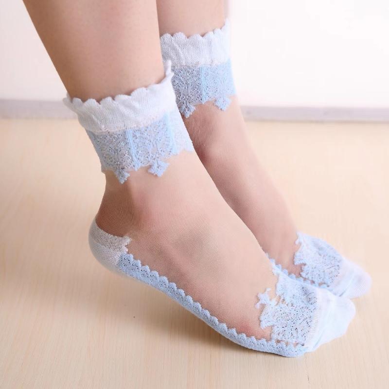

1 пара весенне-летних женских ультратонких кружевных вышитых шелковых прозрачных стеклянных кристальных эластичных женских мягких эластичных дышащих носков one size синий