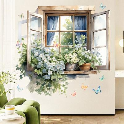 Multicolor Wall Sticker PVC Background Ornament Window View Flowal Stickers Watercolor Self-Adhesive Wallpaper Kids Room