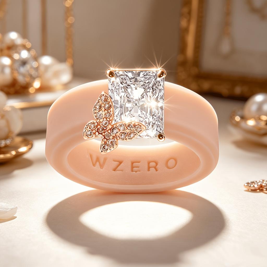 Women's Khaki Silicone Butterfly Ring with Cut CZ Hypoallergenic Comfortable Fashionable Stackable Ring for Daily Wear