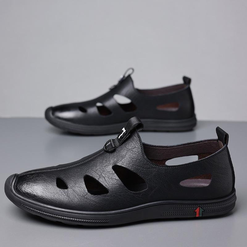 Baotou sandals men's casual little white shoes hollow leather shoes men's tide breathable hole shoes genuine leather sandals