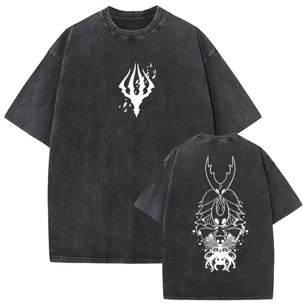 Vintage Washed Hollow Knight Print T-Shirts Men Women Fashion Gothic Short Sleeve T Shirt Summer Cotton Oversized T-shirt