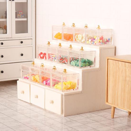 1 Satz 1:12 Puppenhaus-Ausstellungsregale, Miniatur-Supermarkt, Lebensmittel- und Süßigkeiten-Ausstellungsregale für Puppenhaus-Zubehör