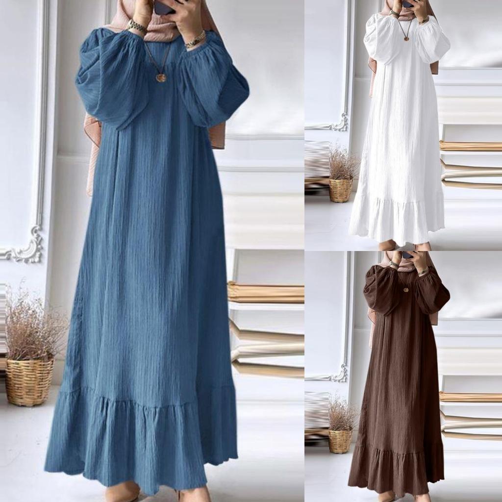 2025 Women's Muslim Ruffle Dress: Spring/Autumn New, Bubble Sleeve, Pocketed Hem, Retro Style
