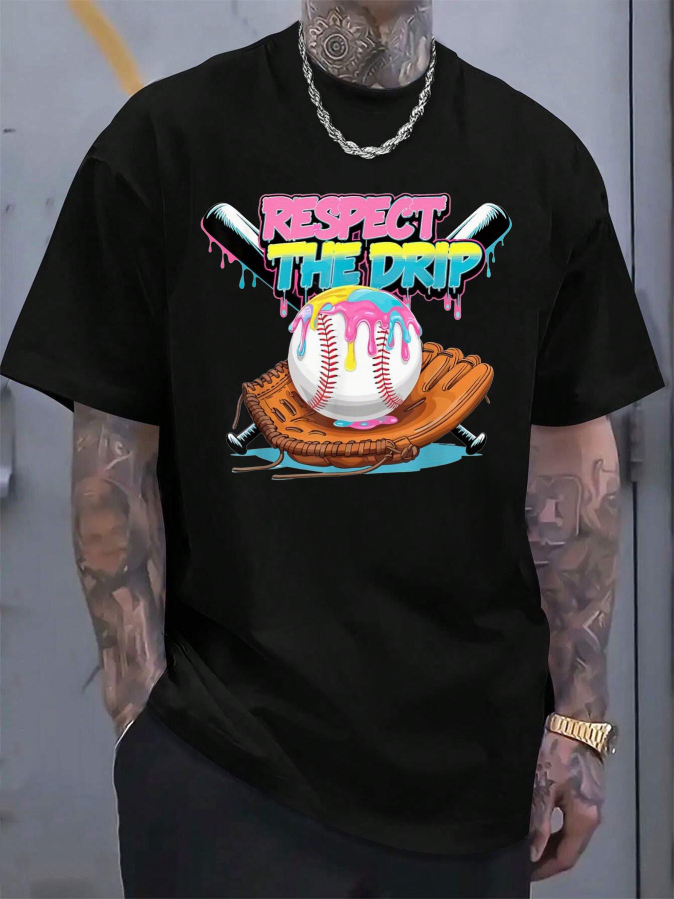 Respect The Drip Baseball Graphic T-shirt - Black Street Style Tee with Colorful Dripping Text & Baseball Glove Design L
