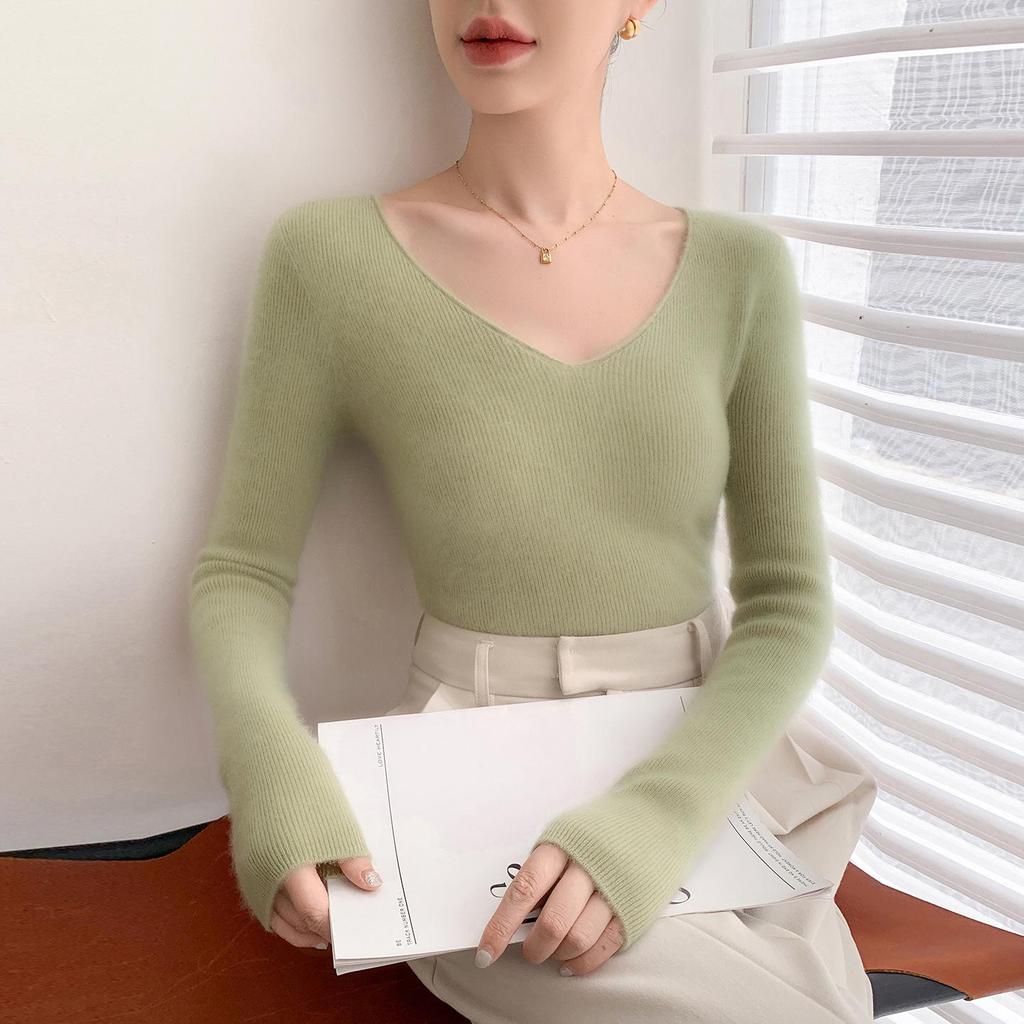Women's V-Neck Cashmere Sweater - Loose Fit, Solid Color, Autumn/Winter Style