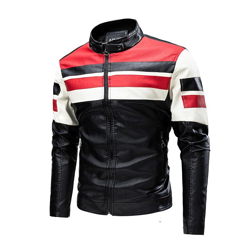 Leather Insert Color Stand Collar PU Leather Motorcycle Jacket for Spring and Autumn Thin Casual Leather Jacket for Men