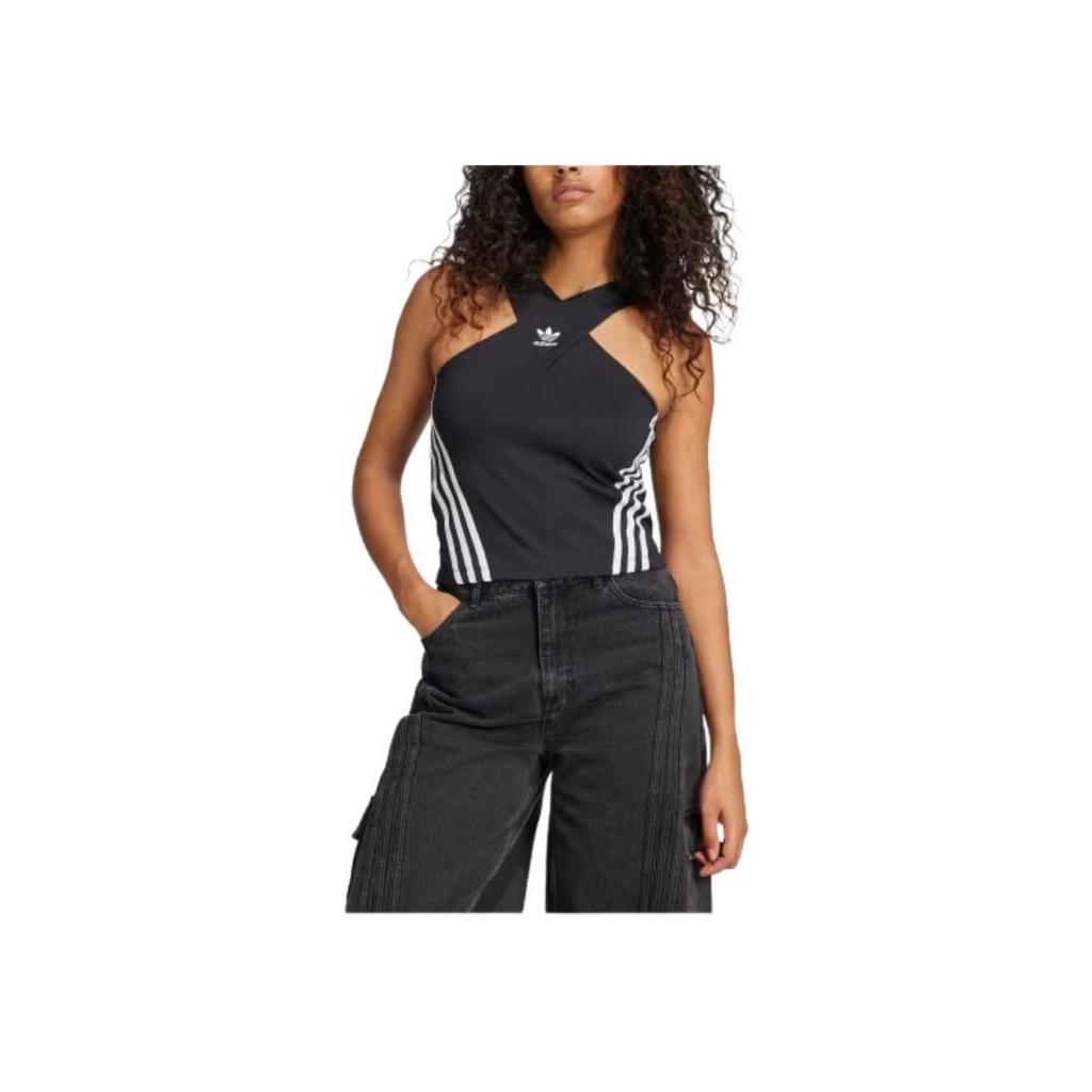 adidas Originals Striped Logo Print Slim Fit Sleeveless Top Women Tops Black JM9258