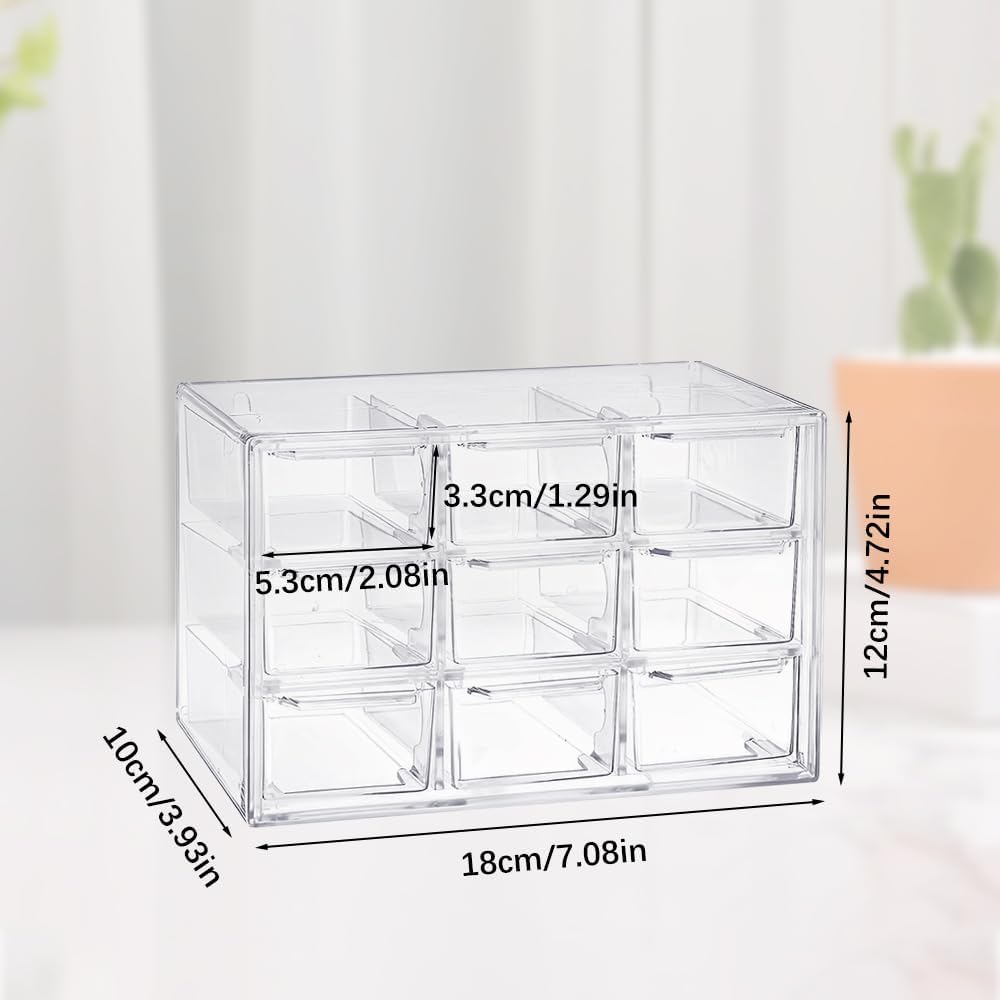 2 Pcs Acrylic Clear Stackable Storage Drawers, Desk Storage Organizer with 9 Mini Drawers, Removable Storage Box with Sticker for Makeup Jewelry