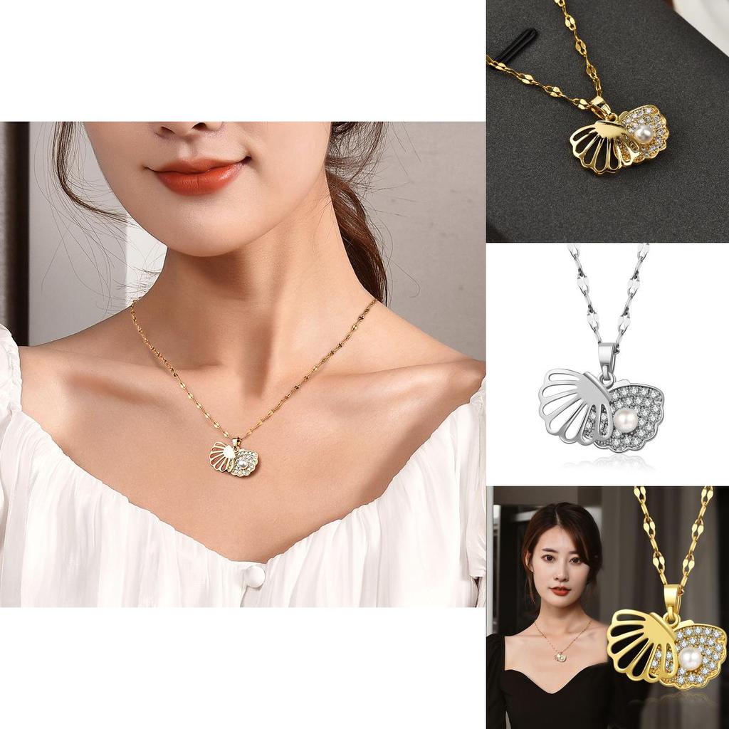 Trendy Summer Shell Pearl Choker Necklace With Unique Fan Shape And Water Wave Chain For Everyday Wear