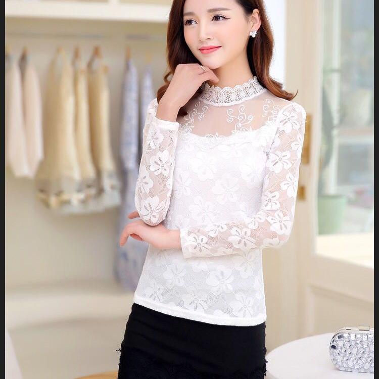 Skjorte med blonder for kvinner Høst Vinter Langermet T-skjorte Varme, uthulede gensere Topp S-5XL