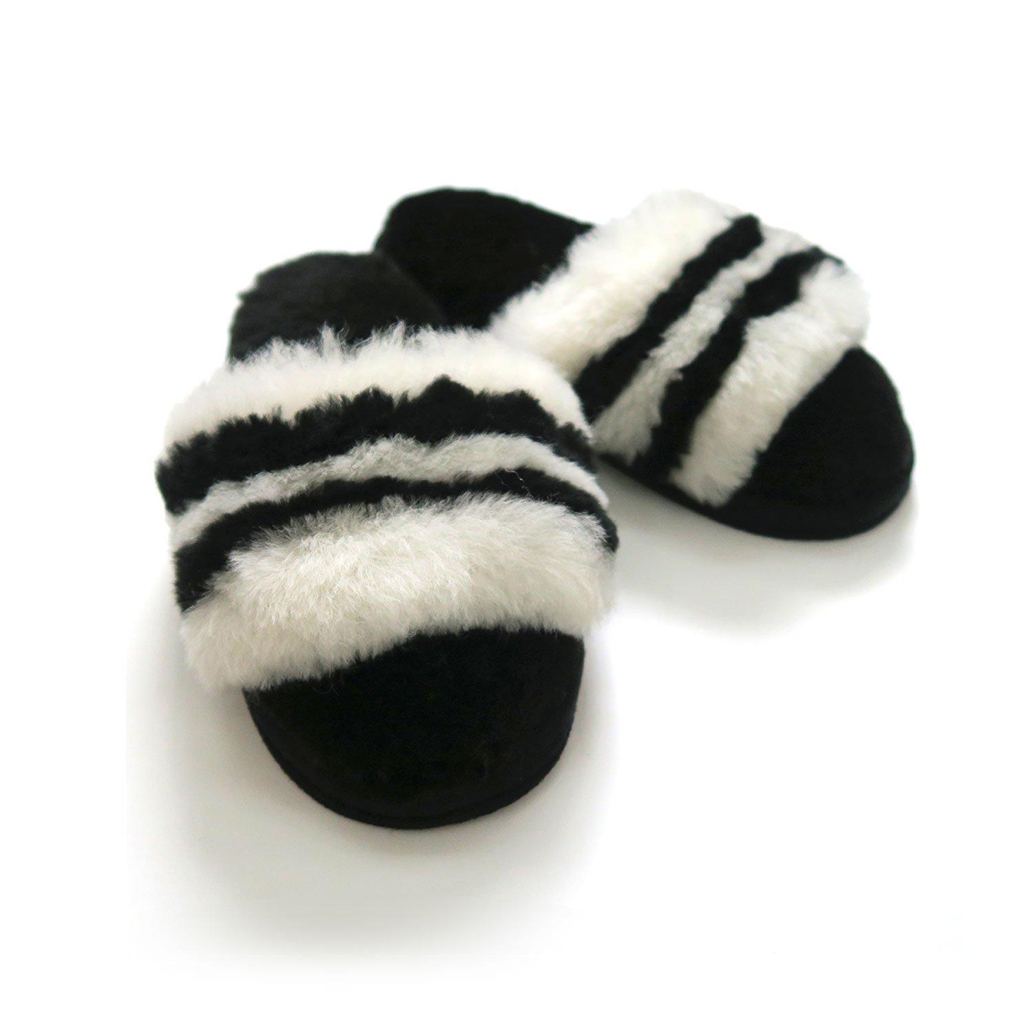 

FURFURMOUTON Sheepskin Made in Warm and Houndstooth and Room Perfect for Guests Open-Front Slippers, Australia, Fluffy, Two-Tone Pattern, Unisex,