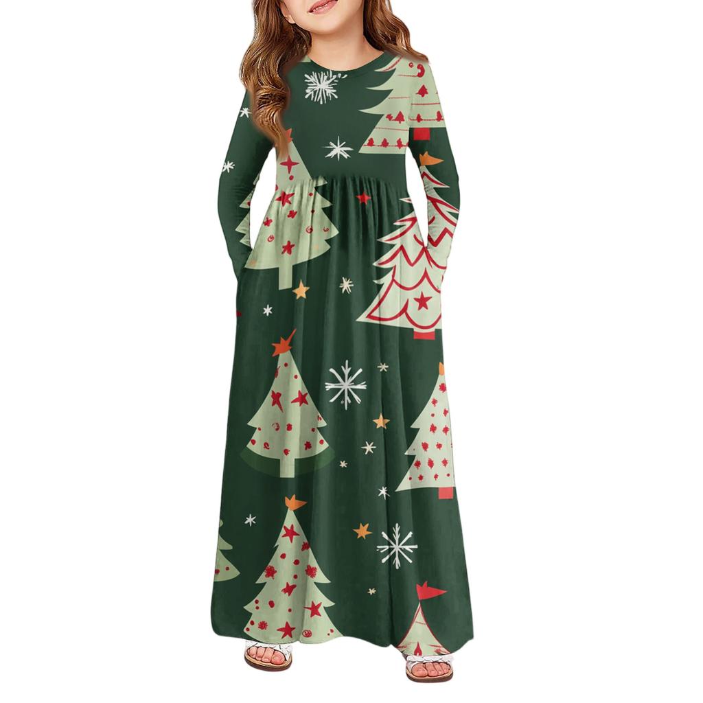 Girls' Maxi Dress - Long Sleeve Pocket Dress Christmas Day