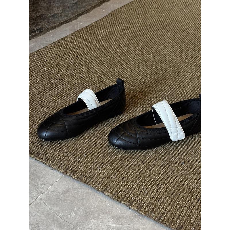 Chaussures Mary Jane à bouche légère style Xiaoxiangfeng pour femmes, fermeture Velcro, assortie de couleurs, plates, style ballerine, chaussures de danse