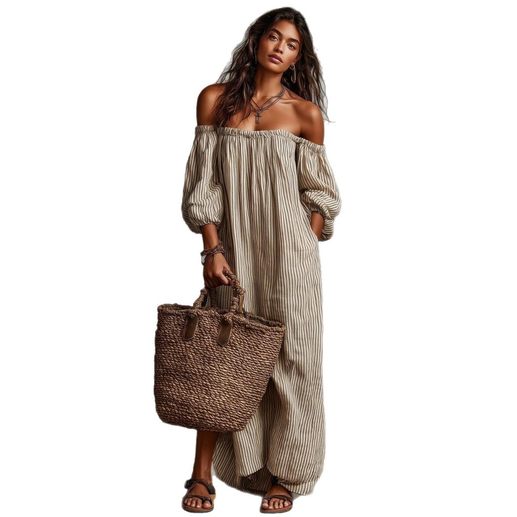 In stock, new spring women's striped off-shoulder cotton-linen vacation-style dress