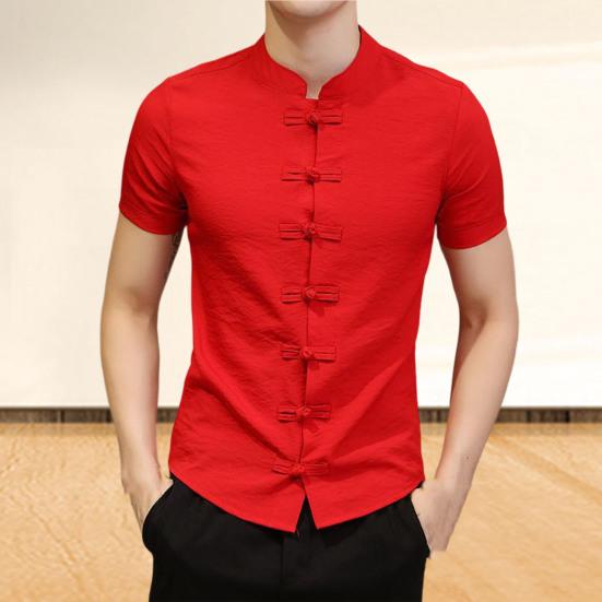 Men Summer Shirt Stand Collar Short Sleeve Solid Color Slim Fit Knot Buttons Daily Wear Chinese Traditional Clothes Vintage Chinese Style Men Top Men