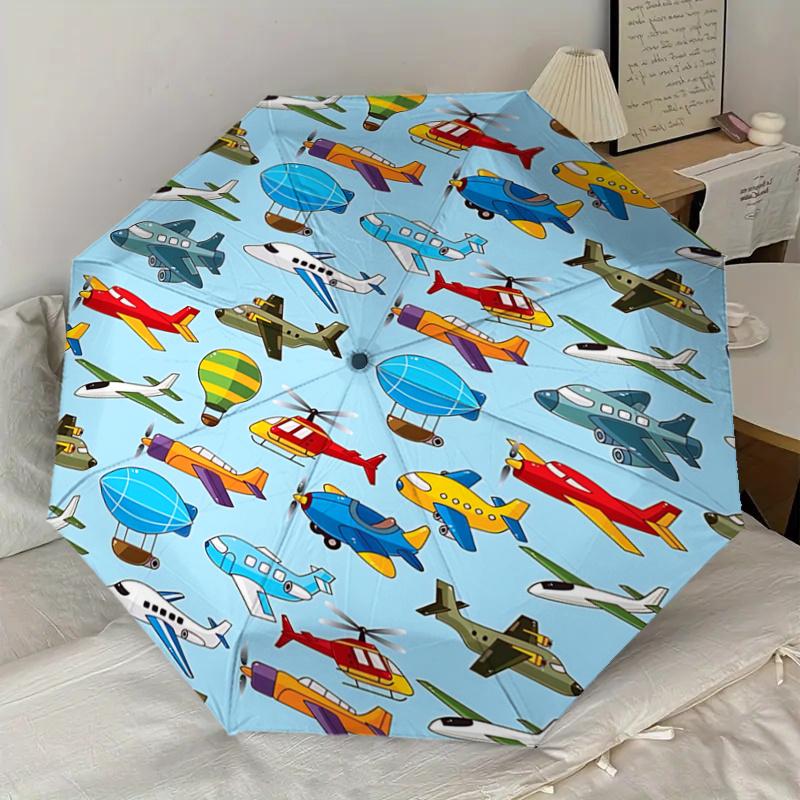 Flugzeug Heißluftballon Hubschrauber Automatischer Öffnungsregenschirm - Tragbares Dreifachfalt-Design mit 8-Speichen-Eisenrahmen - Geschenk für Fans, Reisende