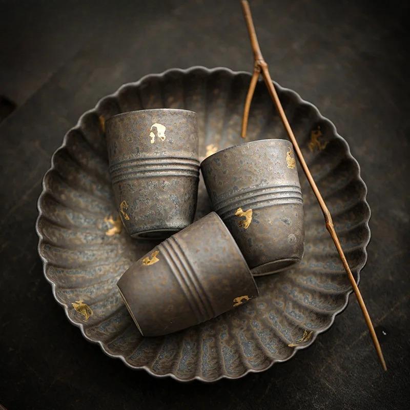 Handmade Sprinkle Gold Coarse Teacup Retro Rust Glazed Master Cup Cup Saucer Set Tasting Tea Bowl with Cushion Kung Fu Teaset