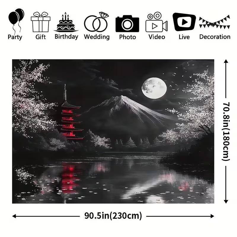 2D Black White Japanese Fuji Tapestry for Asian Aesthetic Home & Party Background
