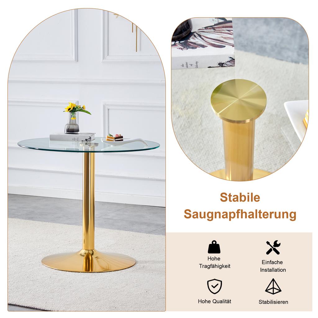 Table and Chair Collection: 85 Cm Diameter, Modern Minimalist Round Glass Table with Golden Metal Support, Matching 4 Black-Gold Modern Dining Chairs.