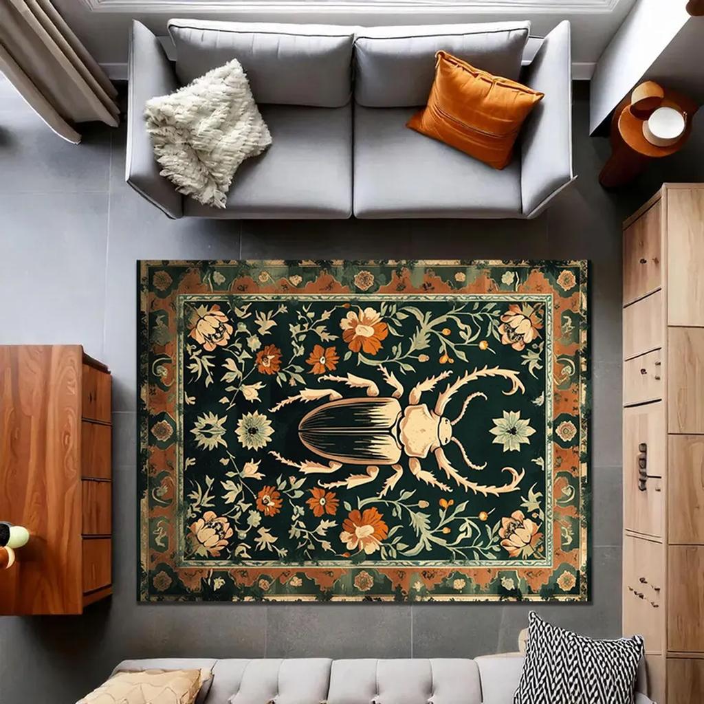 Vintage Stag Beetle Rug, Gothic Insect Carpet with Botanical Carpet, Boho Persian Style Bug , Mothcore Home Decor Mat Insect Rug