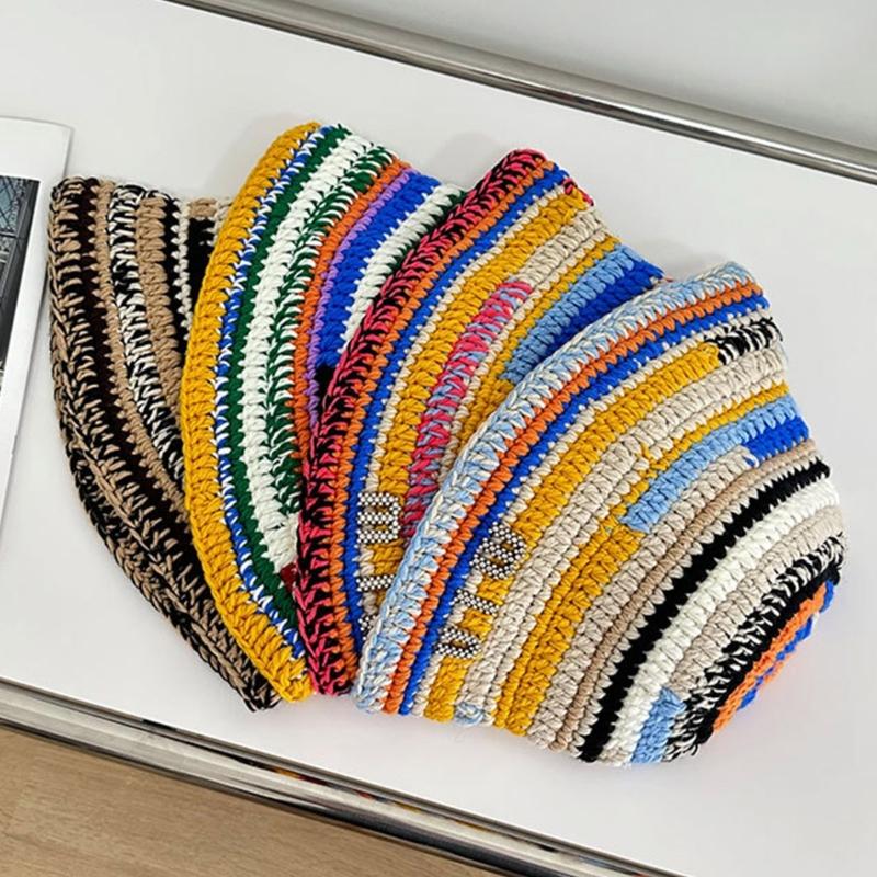 Sweet Girls Crochet Stripe Pattern Bucket Hat Cute Ladies Fisherman Cap Color Matching Woman Teens Winter Windproof Hat