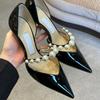 Fashion Star-Style Luxury Pearl Rhinestone Patent Leather Pointed-Toe High Heels For Women Women'S Party Wedding Shoes