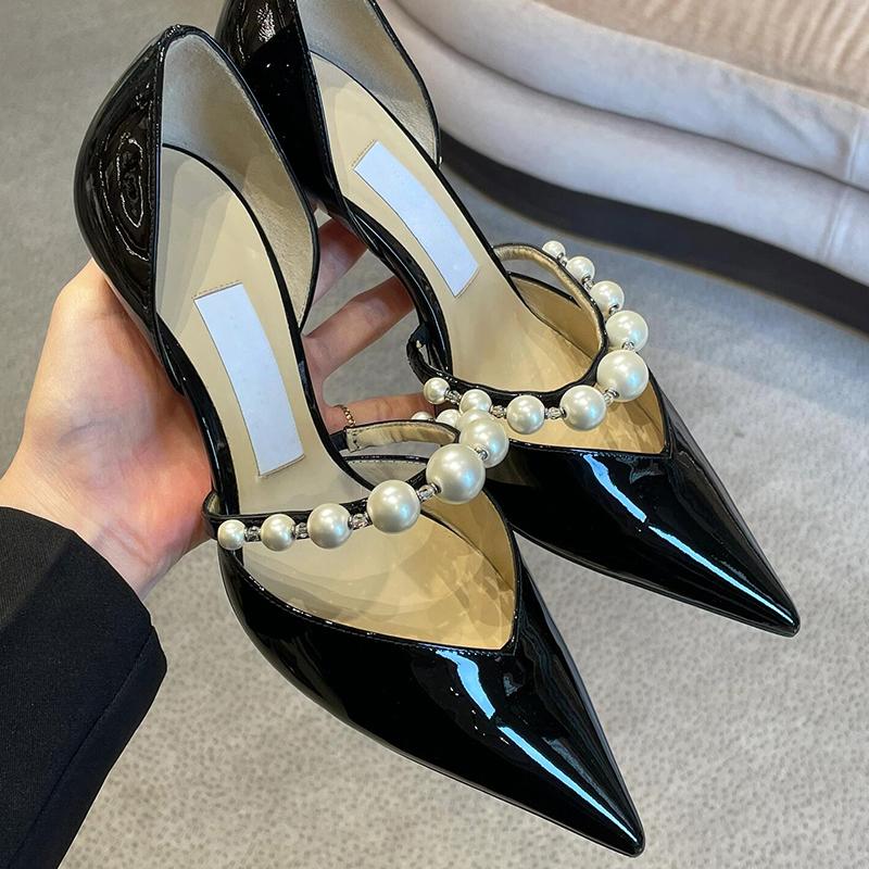 Fashion Star-Style Luxury Pearl Rhinestone Patent Leather Pointed-Toe High Heels For Women Women'S Party Wedding Shoes