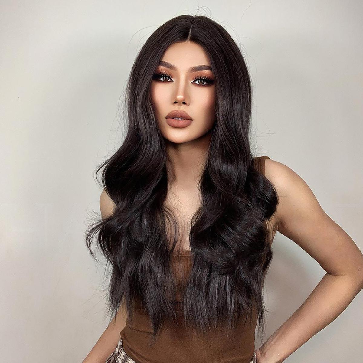 

Женские волосы 62 см, черные, коричневые, длинные вьющиеся волосы, Т-образные передние кружева, сетка для волос розового цвета, головные уборы, парики из чистой ручной работы, парик из кружева, парик канекалон 62cm чёрный