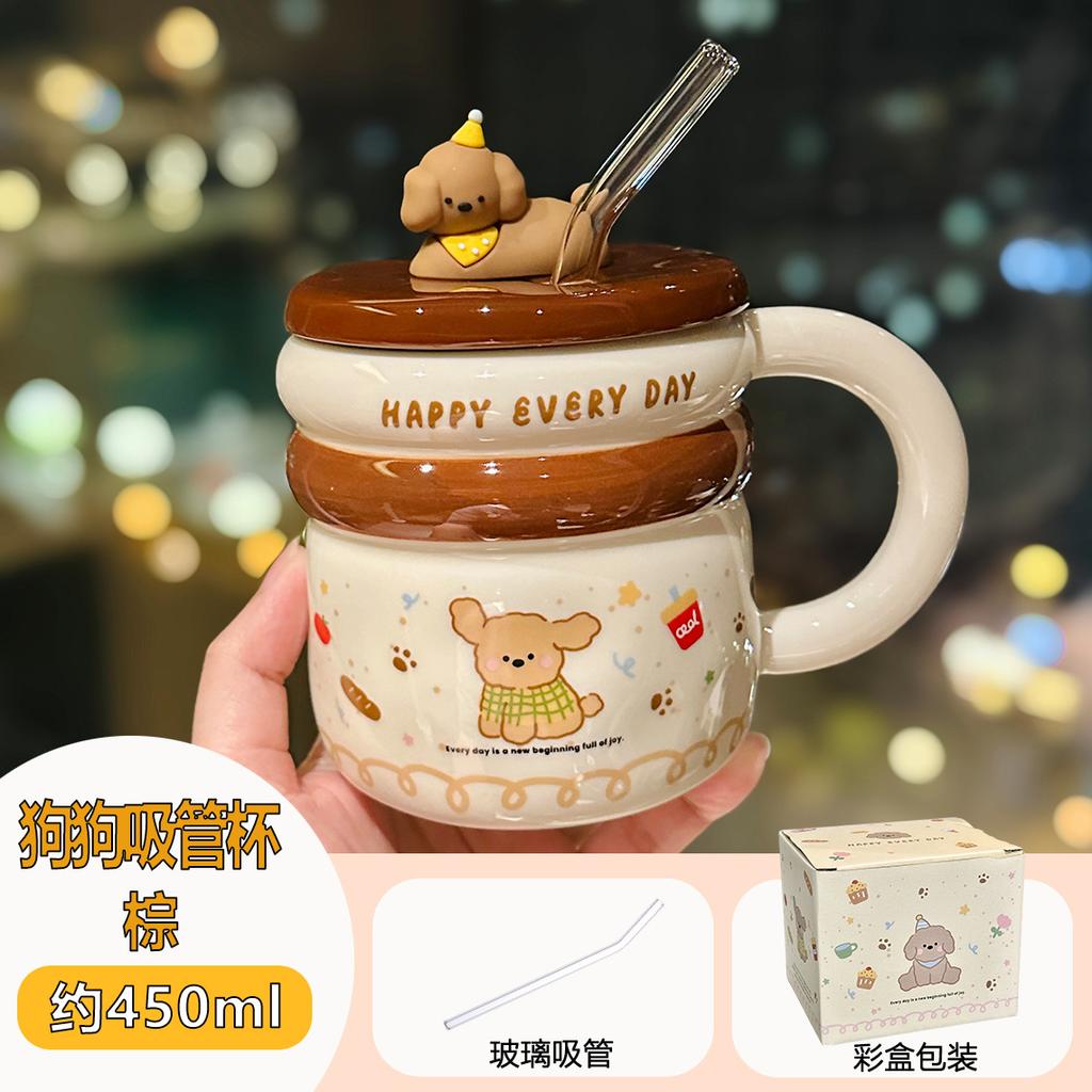 Cute Puppy Ceramic Mug With Lid Cartoon Home Breakfast Milk Cup Office Straw Cup Souvenir