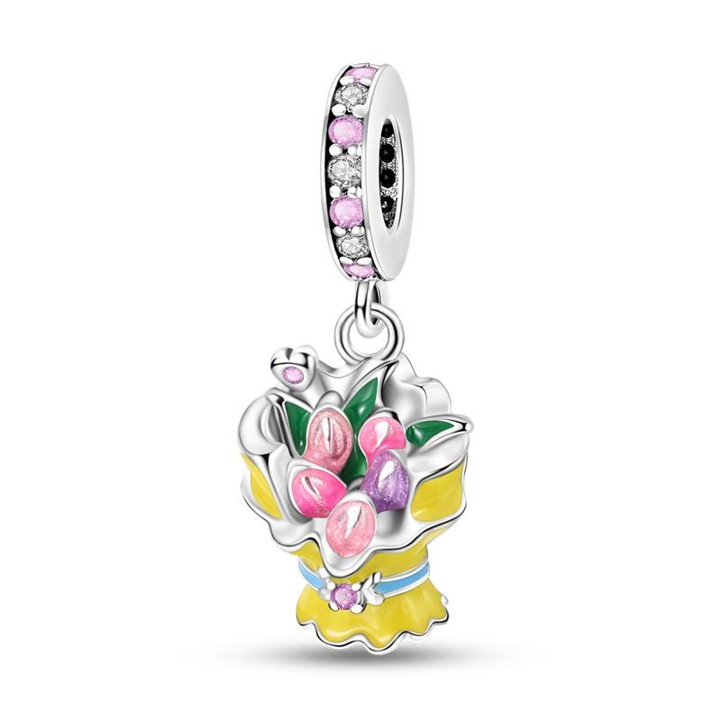 New Original Flower Pendant 925 Silver Rose Charm Fit Bracelet Diy For Women Elegant Bead Daily Wear Fine Gift