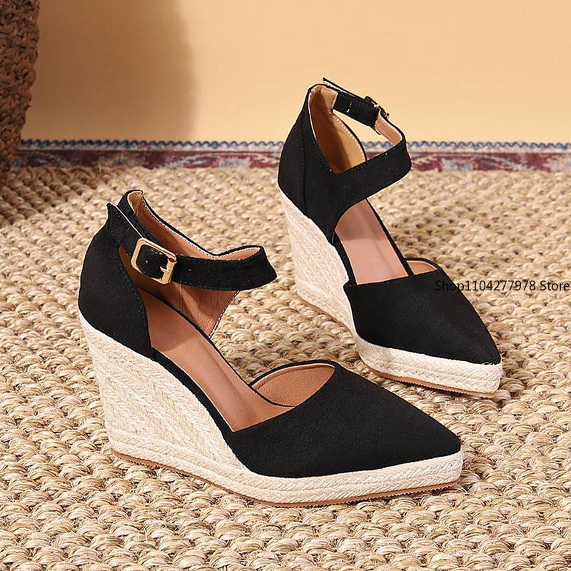 Fashion 10CM Spring Pointed Wedges Heel Single Shoes Platform High Heel Hollow Women's Shoes Straw Hemp Rope Sole Women's Sandals