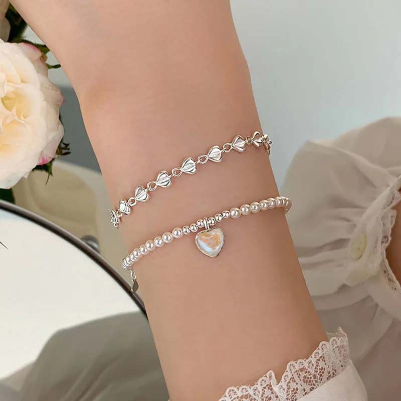 New Trend Small Round Pearl Bracelets Exquisite Pink Opal Heart Adjustable Bracelets for Women Jewelry Birthday Gifts