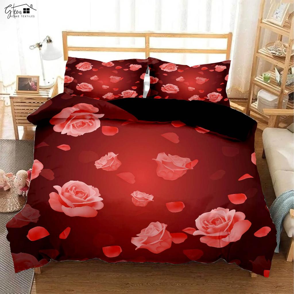 Czarna Retro Czerwona Róża Drukowana 3D Poszewka na Kołdrę Styl Pasterki Zestaw Pościeli Walentynkowej Poszewka na Poduszkę Poszewka na Kołdrę Zestaw Trzyczęściowy