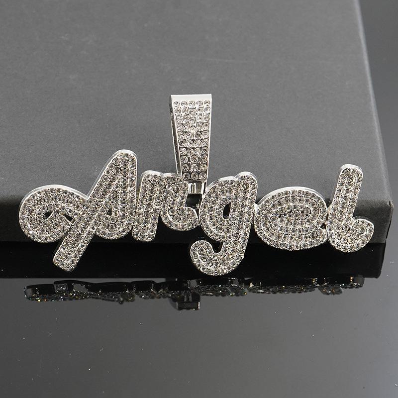 Hip Hop Alloy Angel Letter Pendant Full Diamond Cuban Chain Necklace Personalized Versatile Hipster Accessories