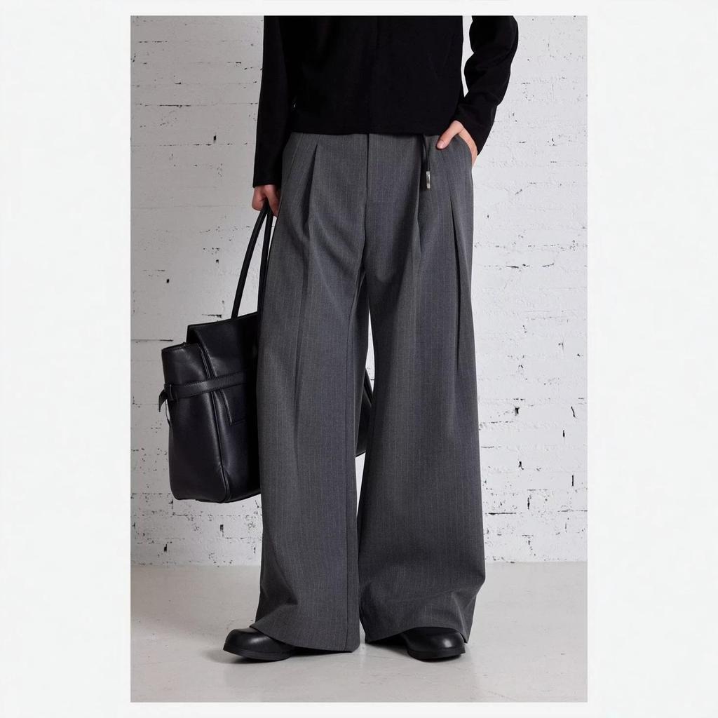 Old Money Drape A-word Double Pleated Straight Pants Men's Spring and Autumn American Multi-button Commuter Striped Casual Pants