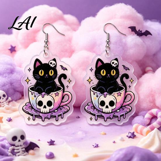 Cute Black Cat Accessories 1 Pair Halloween Earrings for Women 2D Acrylic Teacup Niche Jewelry Dangle Drop Earrings Gothic Cartoon Party Daily Wear