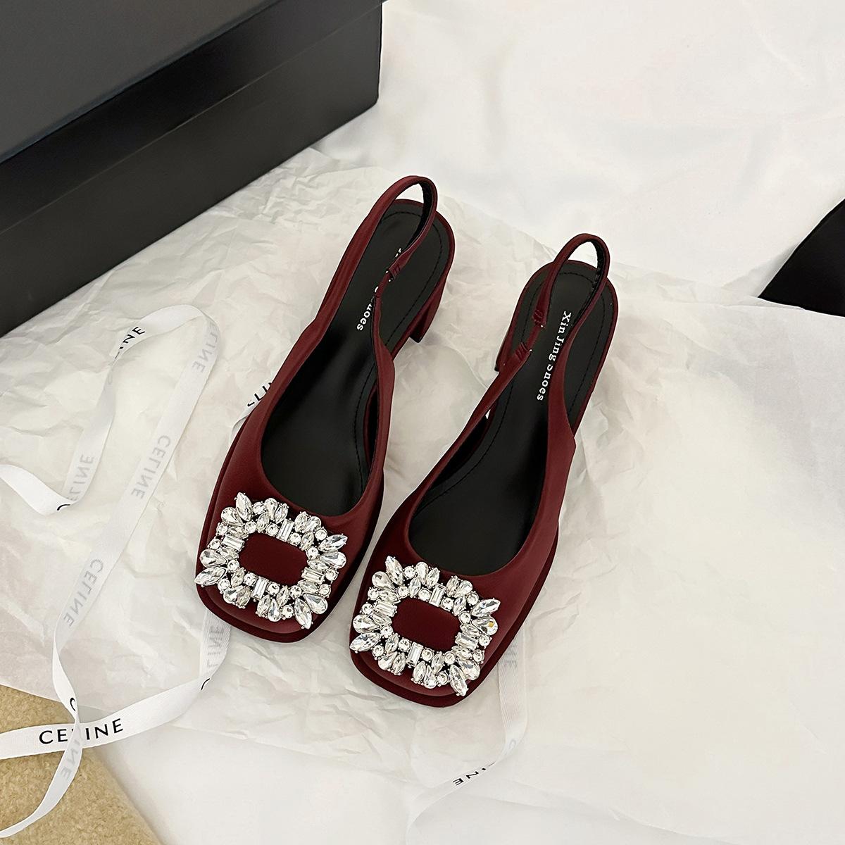 

E9-2 thick heel bag head single shoes rear empty shallow mouth women s shoes spring and autumn new high-end rhinestone middle heel single shoes wom 40 бордовый